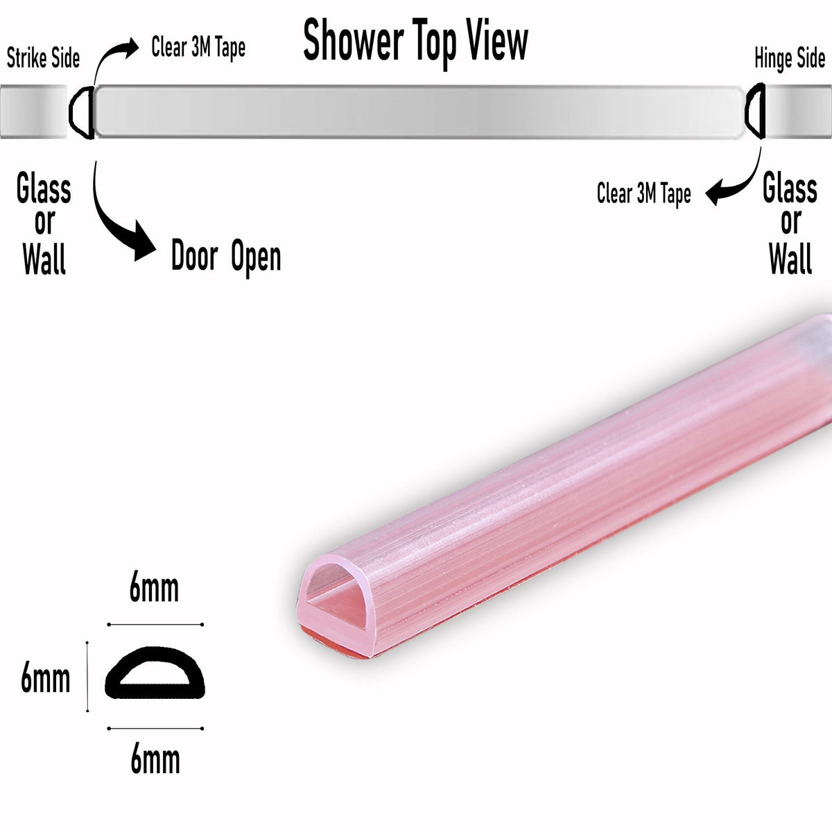 Vinyl Bulb Translucent Shower Door Seal for 1/4&quot; (6mm) Gap with Pre-Applied 3M Tape
