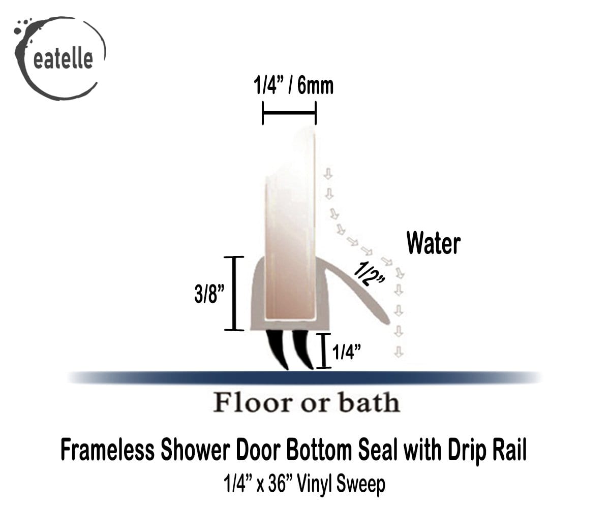 Shower Door Bottom Seal for 1/4&quot; Glass, 36&quot; Long Sweep